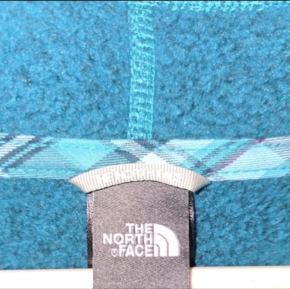 The North Face Women’s Sm Sweater Knit Fleece Sweatshirt Hood 3 Snap Plaid Teal - Picture 9 of 12
